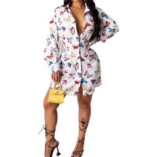 Women Sexy Shirt Dress Autumn Butterfly Print Long Sleeve Turn-down Collar Dress