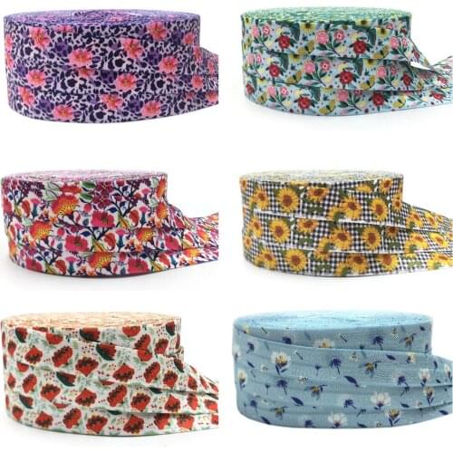 16mm Sun Flowers Print Diamond Fold over Elastic Band Sewing Tape Handmade Crafts Accessories DIY Baby Headband Hair Ties
