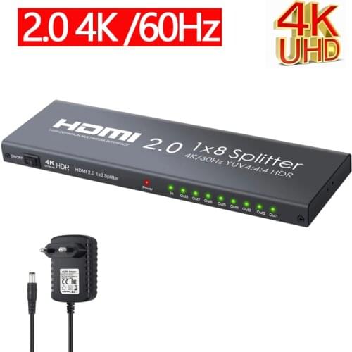 4K 60hz 1x8 HDMI Splitter 1 in 8 out HDMI 2.0 Splitter Video Amplifier Support 4K/60Hz YUV 4:4:4 HDR for Xbox One X PS5 Sky Box