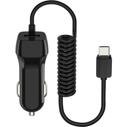 Car Charger Lig-htning Fast Charging with Type - C USB Port and Built-in Coil Cable Compatible with iPh-one Black