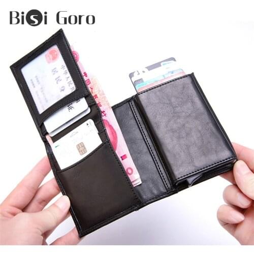 BISI GORO RFID Blocking Business Men Card Wallet Metal Aluminium Box PU Leather Automatic Pop Up Wallet Credit ID Card Holder
