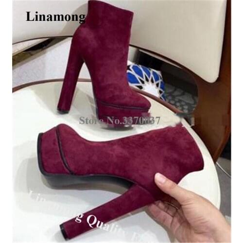 Linamong Brand High Platform Round Toe Chunky Heel Short Boots Side Zipper-up Wine Red Black Thick High Heel Ankle Booties Heels