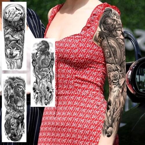 Black Full Arm Art Tattoo Sticker For Woemn Men Warrior Wolf Army Temporary Tattoos Sleeve Sexy Large Washable Body Art Tatoos