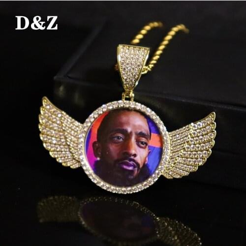 D&Z Custom Made Photo With Wings Medallions Necklace & Pendant With 4mm Tennis Chain Cubic Zircon Mens Hip hop Jewelry