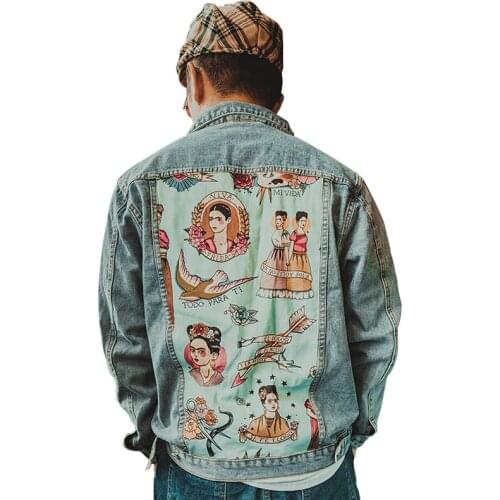 Denim Jacket for Men Clothing Original Designer Appliques Graffiti Print Pattern Coat Street Hip Hop Casual Loose Outerwear