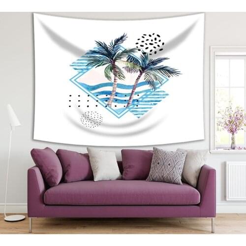 Tapestry Sea Waves Tropical Palm Trees Leaves Seagulls Birds and Geometric Shapes Watercolor Artwork Blue Green White