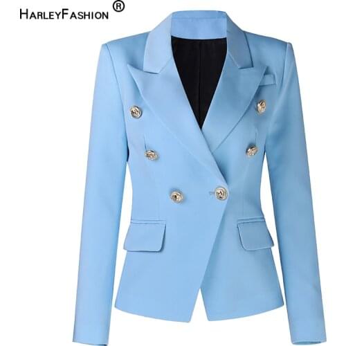 HarleyFashion European Spring Fall Skinny Designer New Candy Color Double Breasted OL Lady Work Quallity Jacket Slim Blazer