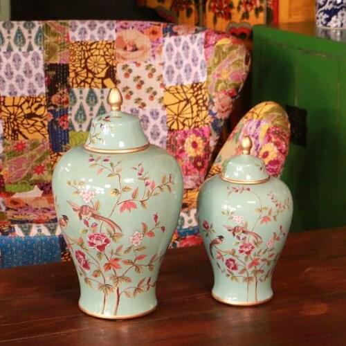 American Style Rustic Antique Flower And Bird Pot Tabletop Ceramic Ginger Jar Restaurant decorative porcelain temple jar lid