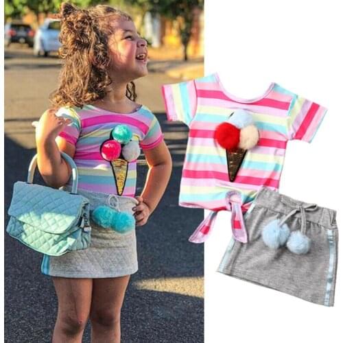 1-5Years Toddler Kids Baby Girls Clothes Sets 2021 Summer Rainbow Stripe Ice Cream Ball Tops T-shirt Mini Skirt Princess Outfits