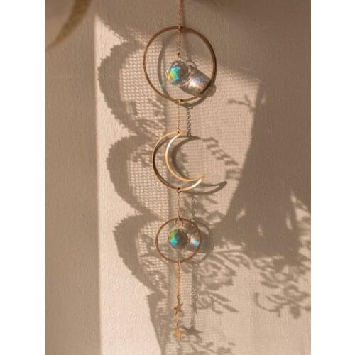 Kora crystal sun catcher with brass moon and stars, rainbow prism, light diffuser, boho home decoration, fairy decor, gift idea