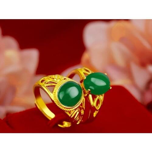Fashion 14k Plated Yellow Gold Ring for Women Green Emerald Gemstone Adjustable Wedding Anniversary Ring With Big Jade Jewelry