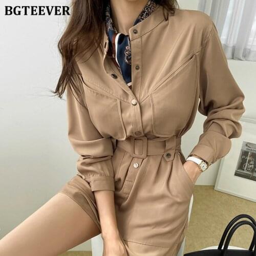 BGTEEVER Casual Stand Collar Long Sleeve Women Playsuits Spring Single-breasted Pockets Ladies Belted Jumpsuits Female Rompers