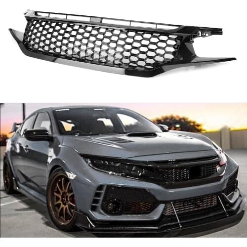 Car Racing Grill For Honda Civic 2016 2017 2018 Gloss Black Front Bumper Hood Grille with Red Emblem