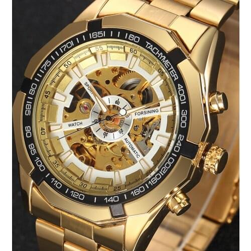 Luxury Brand Antique Skeleton Mechanical Watches Men Stainless Steel Golden Band Wristwatch Relogio Masculino