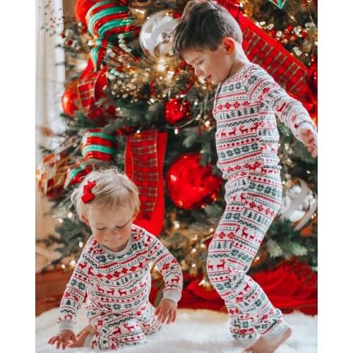 Christmas Family Matching Outfits Nighty Family Suits with Elk Tree Printing Long Pajama Sets Mother/Father/Kid/Baby Sleepwears
