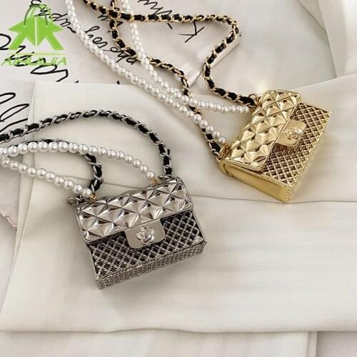 Cute Fashion Pearl Chain Metallic Crossbody Bag Diamond Lattice Casual Mini Messenger Bags 2021 New Trend Necklace Ladies Bags