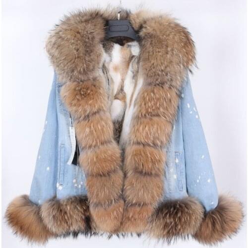 Super short denim fox fur collar rabbit fur lining removable fashionable warm jacket casual jacket