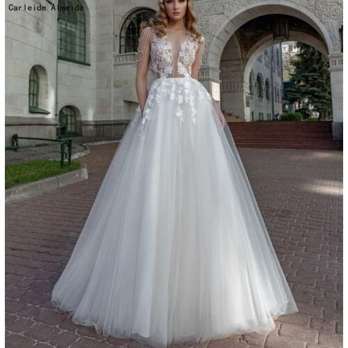 A-Line See Through Bodice Sexy Boho Wedding Dresses with Unique Lace Appliques Bridal Dress 2019 Marriage Dress