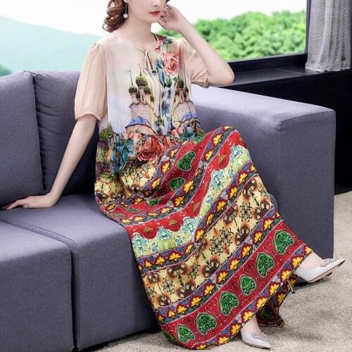 Ladys Loose Print Dress New Summer Autumn Sweet Women Dress Imitate Real Silk Casual Clothes Momthers Evening Party Costumes