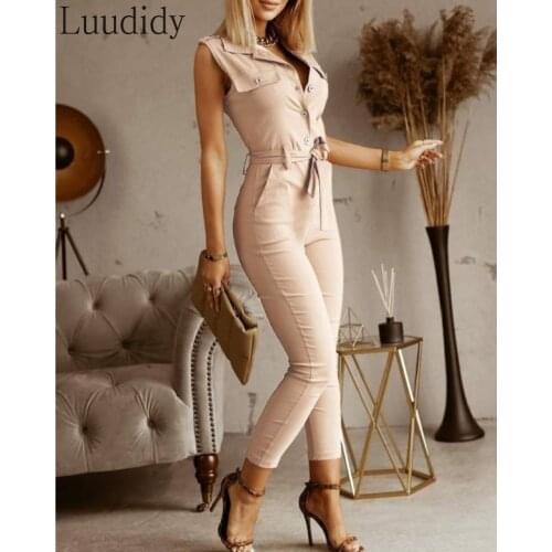 Women Pocket Design Jumpsuit Women Slim Fit Office Style Rompers Jumpsuits Casual Overalls