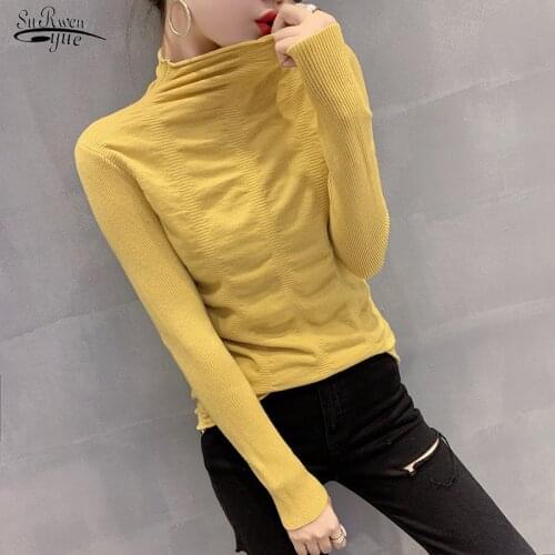 2020 Winter Pleated Knitted Women Sweaters Autumn Half-Collar Bottom Pullover Women Sweater Solid Vintage Sweater Jumper 11560