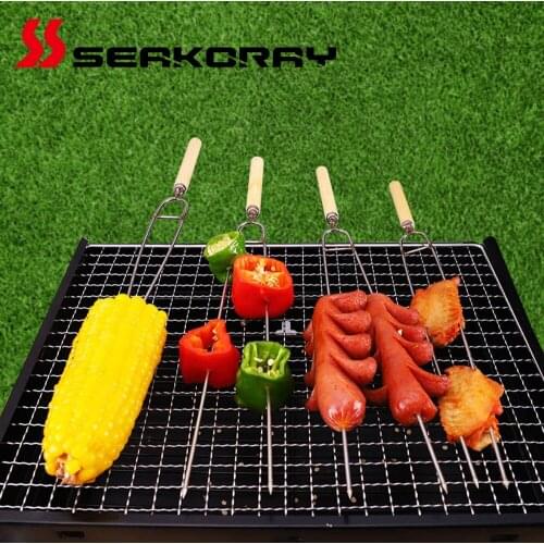 5Pcs/Set BBQ Forks Barbecue Tool Wooden Handle Telescoping Barbecue Roasting Fork Sticks Skewers