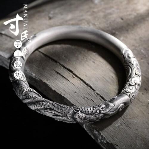 Longbaozhu Xiangyun Bracelet 999 Silver Handmade Silver Bangle Mens Tyrant Silver Bracelet