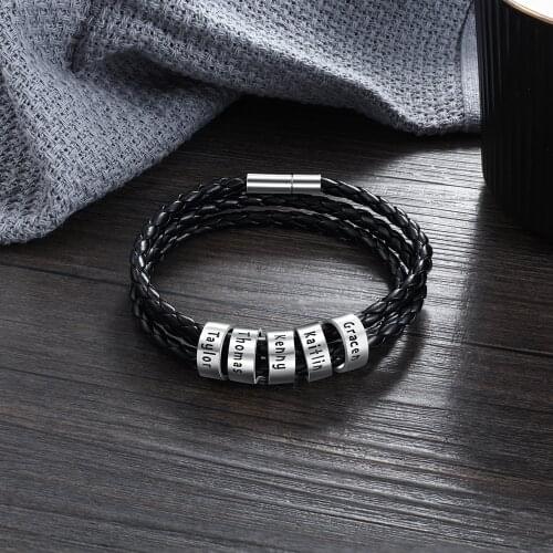 Personalized Black Braided Rope Bracelet Stainless Steel Custom Name 5 Beads Charm Bracelet Bangles For Men