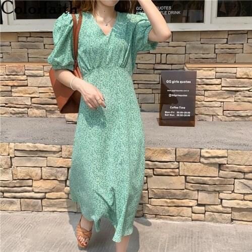 Colorfaith New 2021 Women Summer Dresses High Waist Printed Floral Vintage Lace Up Puff Sleeve Elegant Lady Long Dresses DR9183A