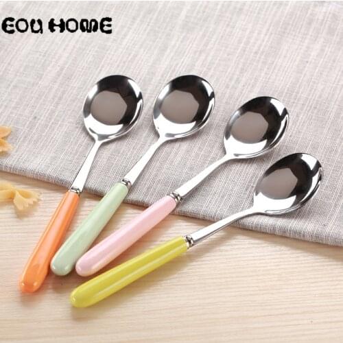 6 Pcs/Lot Dessert Spoons Ceramics Handle Stainless Steel Cutlery Western Food Hotel Luxury Fork Teaspoon Household Flatware Free