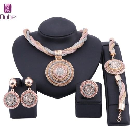 Exquisite Dubai Crystal Gold 3 Color Necklace Jewelry Set Luxury Nigerian Woman Wedding Fashion Costume Design Jewelry Set