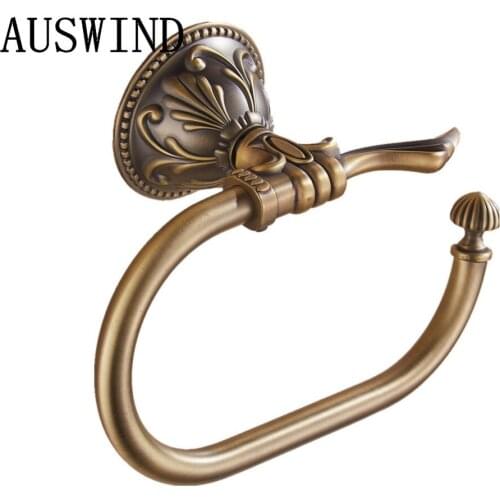 AUSWIND antique bronze Leaf Carved Finish solid mental towel rings wall mounted bathroom accessory Carved Open Half Towel rings