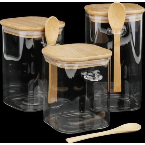 Glass Jar Container with Bamboo Lid & Spoon Airtight Food Storage Spice Jars