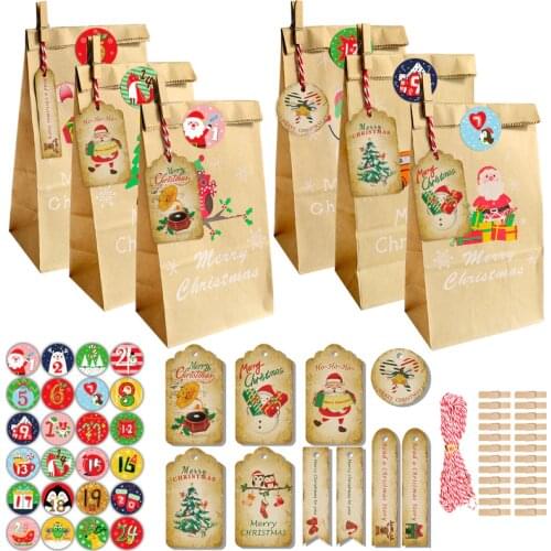 24Sets Christmas Kraft Gift Bags Santa Claus Snowman Xmas Party Invitation Envelopes DIY Packaging Bags with Number Sticker