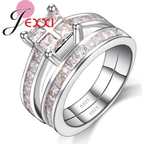 Square Cut CZ Crystal Design Women Girl Charm Band Rings Set 2PCS Champagne Cubic Zirconia Crystal 925 Sterling Silver