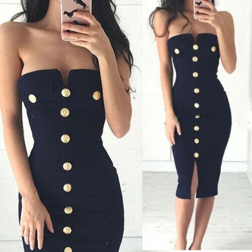 Summer New Stylish Womens Off-shoulder Strapless Button High-waist Dresses Bustier Sleeveless Slim Fit Party Ball Dress S-XL