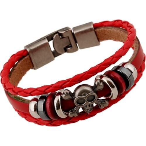 Fashion Punk Gothic Skull Charm Bracelet Cuff Vintage Skeleton Beads Handmade Leather Bangle Wrap Wristbands Hiphop Rock Jewelry