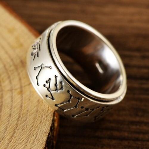 New s925 pure silver man ring simple interstellar big dipper pattern ring for men and women rotatable good luck couple ring