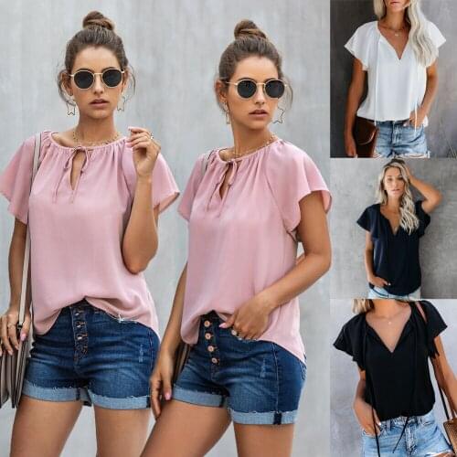 Solid Color T-Shirt 2020 Summer WOmen T-Shirt Fashion V-neck Short-Sleeve Tether Female Casual Top Casual Street Style T-Shirt