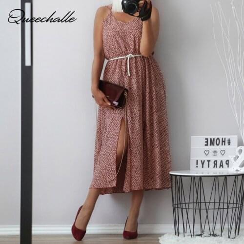 2020 Summer Dress Women Back Cross Spaghetti Strap Chiffon Dress Female Red Print Sexy Split Loose Midi Dress A-line Vestidos