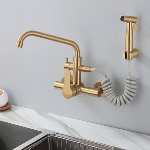 Wall mounted Brushed gold stainless steel kitchen faucet with bidet spray shower head ,Rotatable,Cold and hot water faucet
