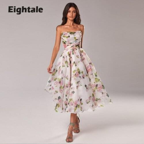 Eightale Flared Prom Dresses 2021 Strapless Long Print Flowers Elegant Evening Gown Tea Length Summer Party Dress