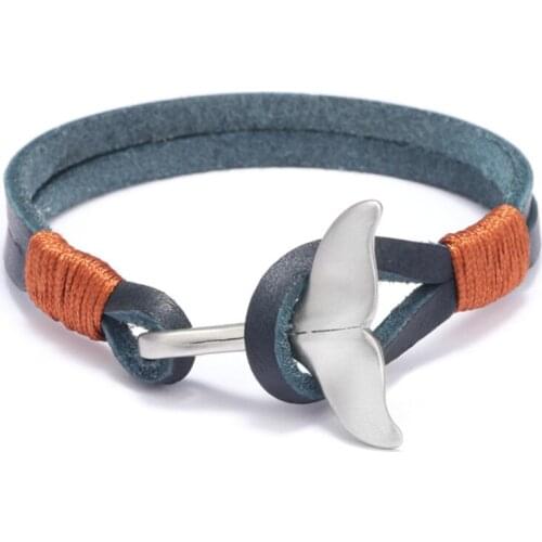 WWLB 19.5 cm Luxury Brand Mens Leather Bracelets Homme Gifts Charm Stainless Steel Whale Tail Bangles&Bracelets For Men Jewelry