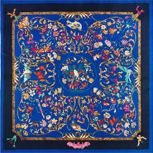 130 Luxury Brand Silk Twill Silk Birds Flower Print Silk Scarf For Women Headband Large Square Scarves Female Shawl Hijab Wraps