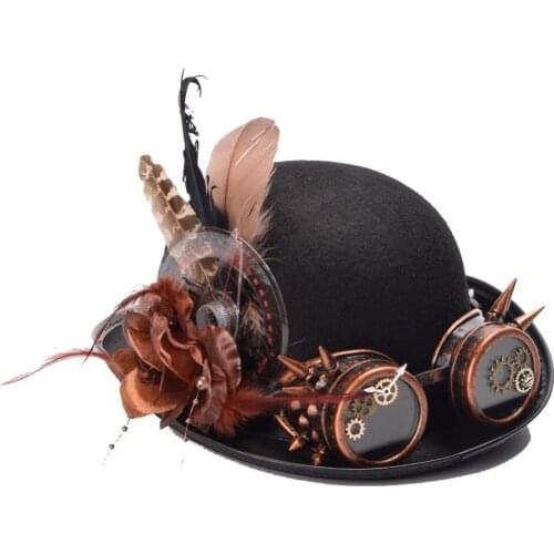 Black Bowler Hat Steampunk Gear Spike Goggles Gothic Fedora Party Billycock Groom Copper Top Hats