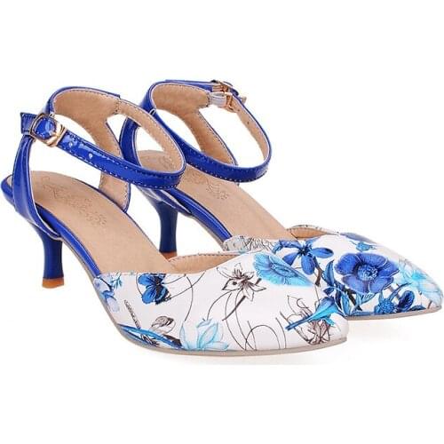 Hot Sales Pointed Toe 3D print Ankle Strap Kitten Heels Black Blue White Office Ladies Sandals Women Shoes