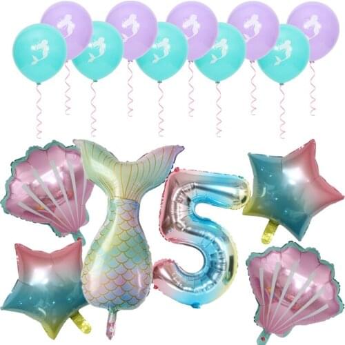 16pcs Rainbow Number Foil Balloons Mermaid Latex Balloon Mermaid Tail Globos Birthday Party Decorations Anniversary baby shower