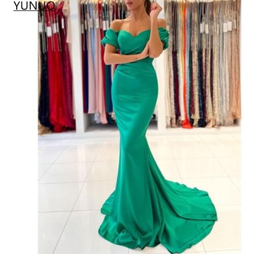 YUNUO Off Shoulder Satin Prom Dresses Long Elegant Custom Formal Evening Gowns with Train платье на выпускной Vestido de Festa