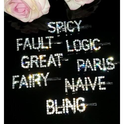 Rhinestone Word Hairclips "FAULT,LOGIC,GREAT,PARIS,FAIRY,SPICY,NAIVE,BLING" Crytal Letters Hairgrips Unique Bobby Pins WHOLESALE