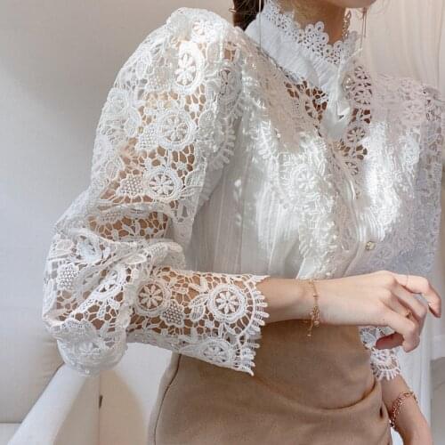 Spring New Hollow Out Womens T-shirt Fashion Stitching Lace Long Sleeve Standing Collar Womens Shirt Elegant Solid Color Top